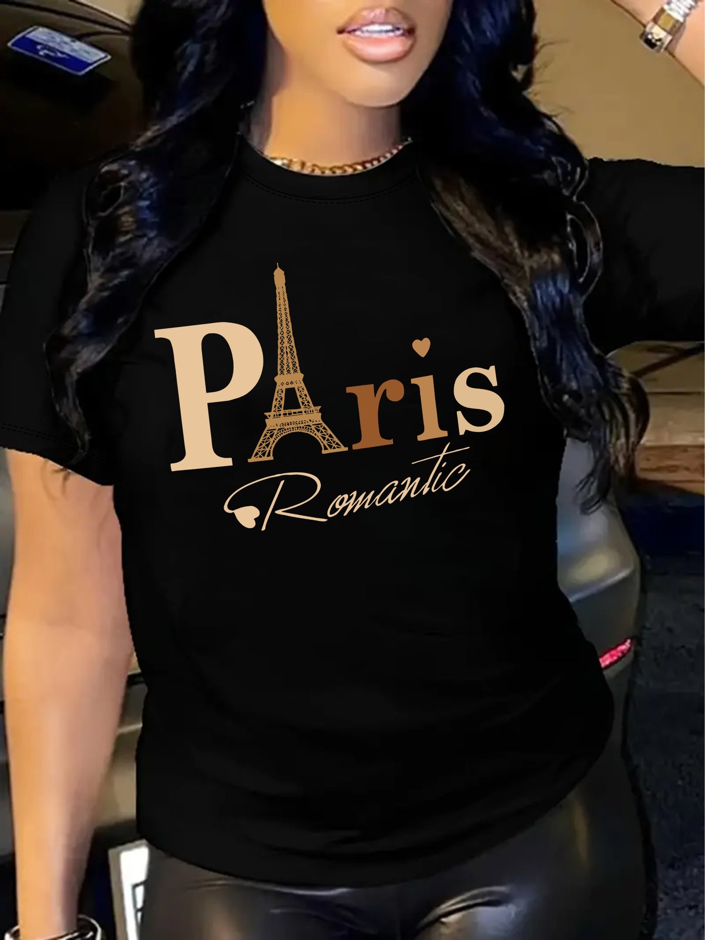 Maglietta Con Stampa Lettera Di Parigi, Top Casual A Maniche Corte Con Collo A Giro Per L'estate E La Primavera, Abbigliamento Da Donna