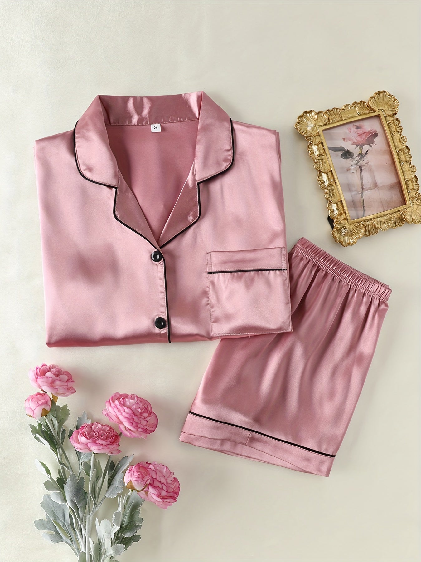 Simple Solid Satin Lounge Set, Short Sleeve Button Up Lapel Collar Top & Elastic Shorts, Women's Loungewear