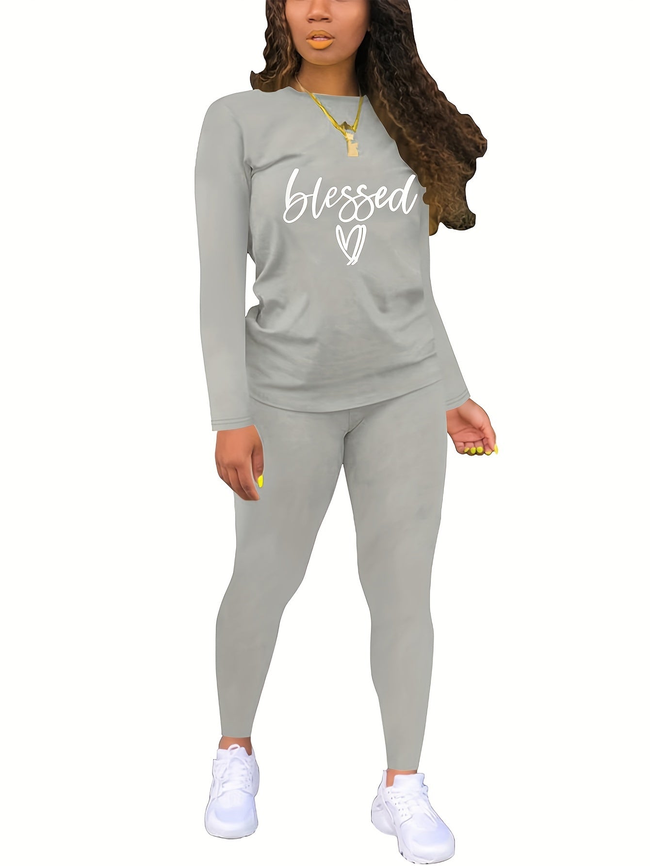 Set Casual In Due Pezzi, Top Girocollo A Maniche Lunghe Con Stampa Di Lettere E Cuori E Pantaloni Slim, Abbigliamento Da Donna