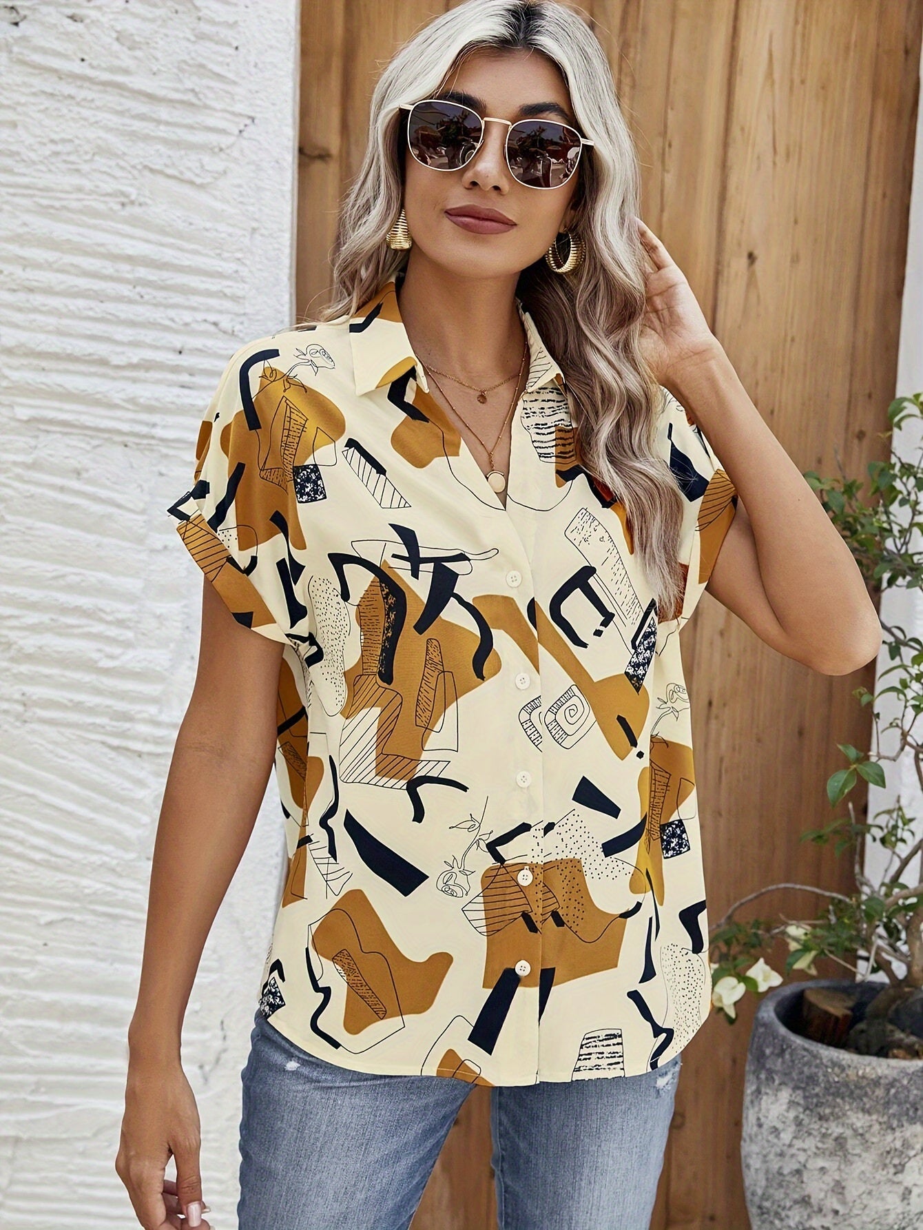 Allover Print V Neck Blouse, Elegant Short Sleeve Top For Spring & Summer, Women's Clothing