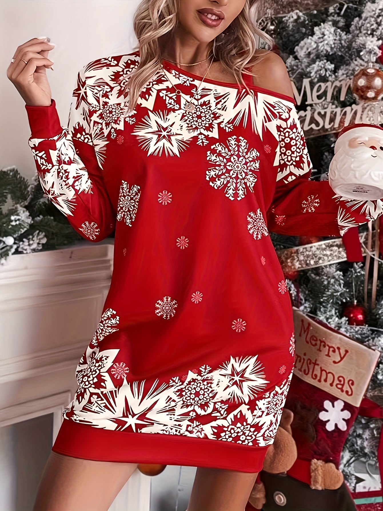 Christmas Snowflake Print Cold Shoulder Dress, Casual Long Sleeve Dress For Spring & Fall, Women's Clothing