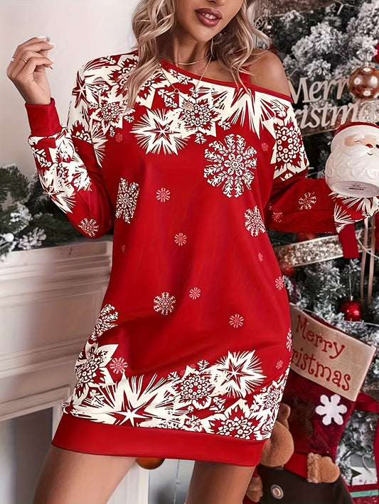 Christmas Snowflake Print Cold Shoulder Dress, Casual Long Sleeve Dress For Spring & Fall, Women's Clothing