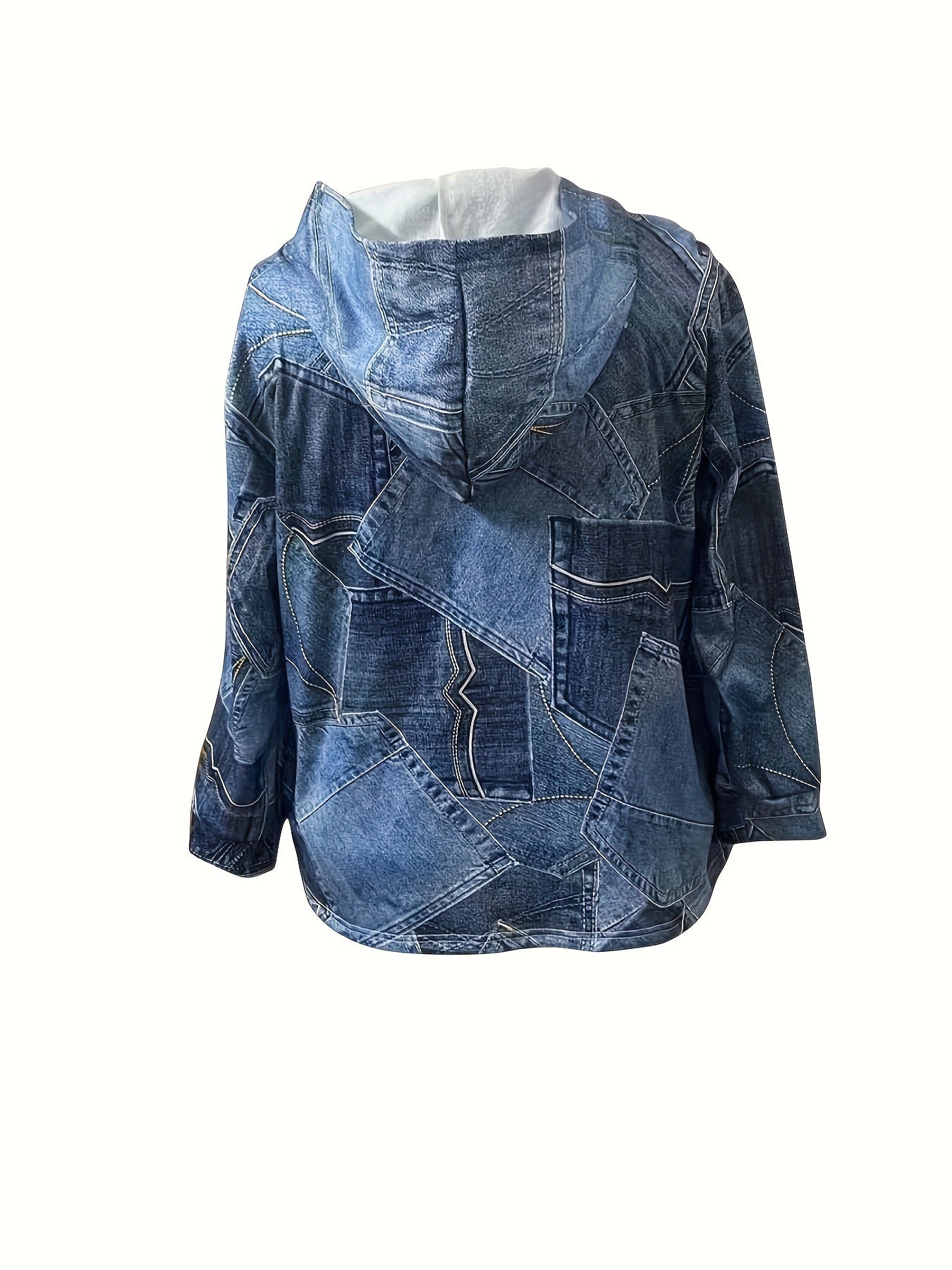 Cappotto Casual Taglie Forti, Cappotto A Maniche Lunghe Con Cappuccio E Stampa Effetto Denim Per Donne Con Tasche