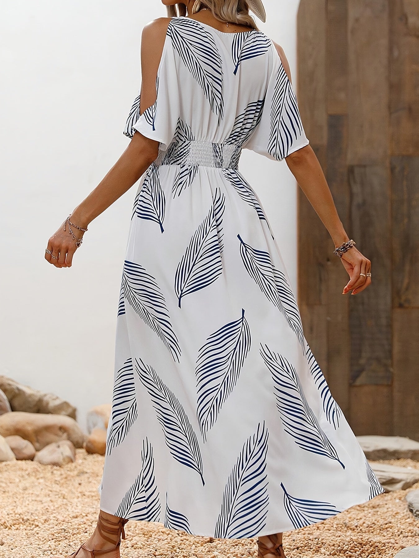Split Hem Shirred Waist Dress, Elegant V Neck Split Sleeve Dress For Spring & Summer, Women's Clothing