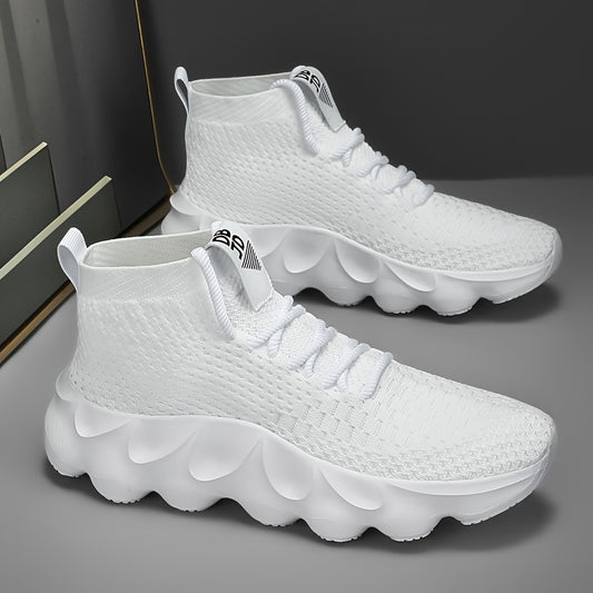 Men's Solid Woven Knit Breathable Sneakers, Comfy Non Slip Lace Up Soft Sole Shoes For Men's Outdoor Activities