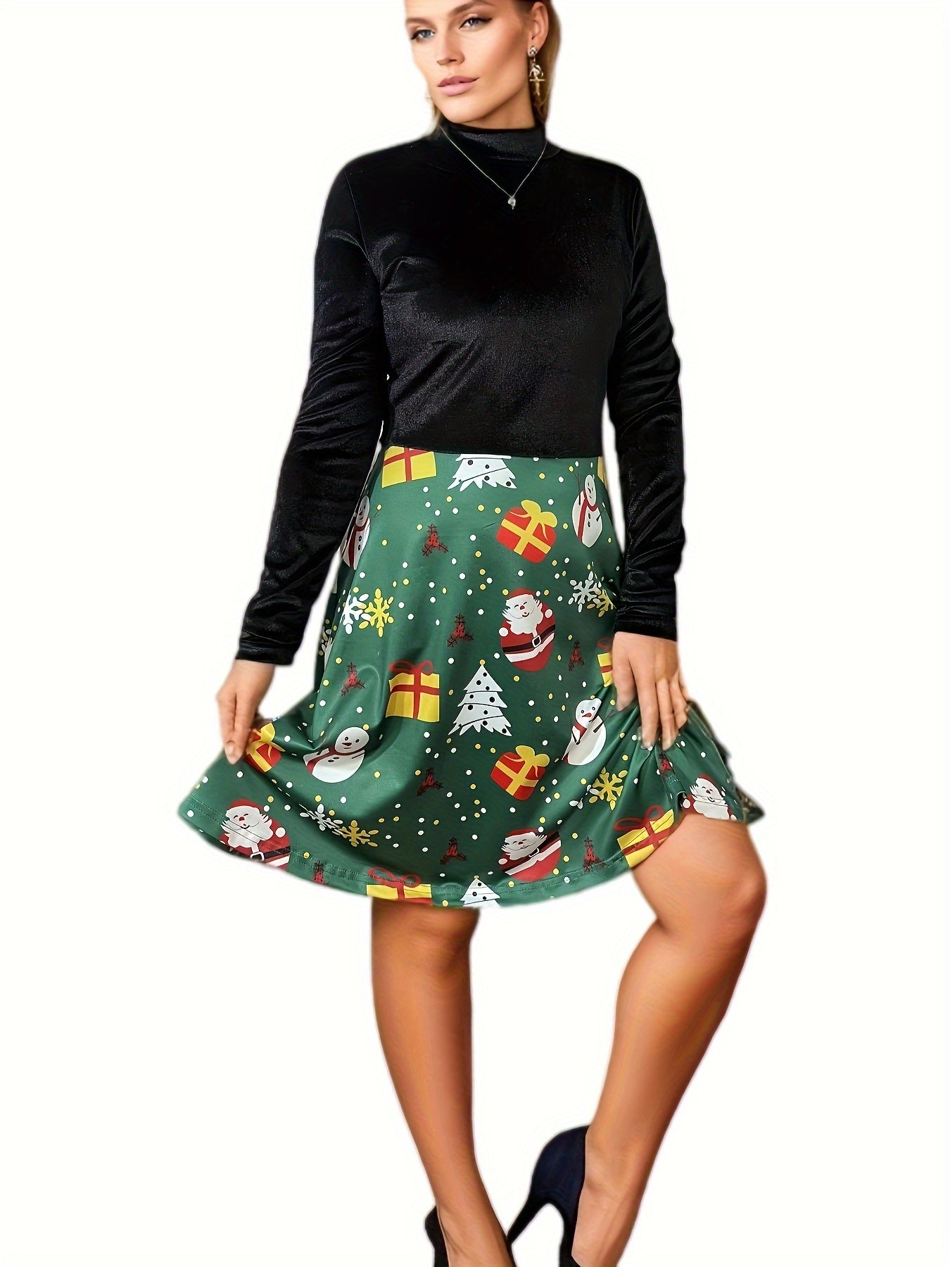 Christmas Graphic Splicing Dress, Cute Mock Neck Velvet Dress For Spring & Fall, Women's Clothing