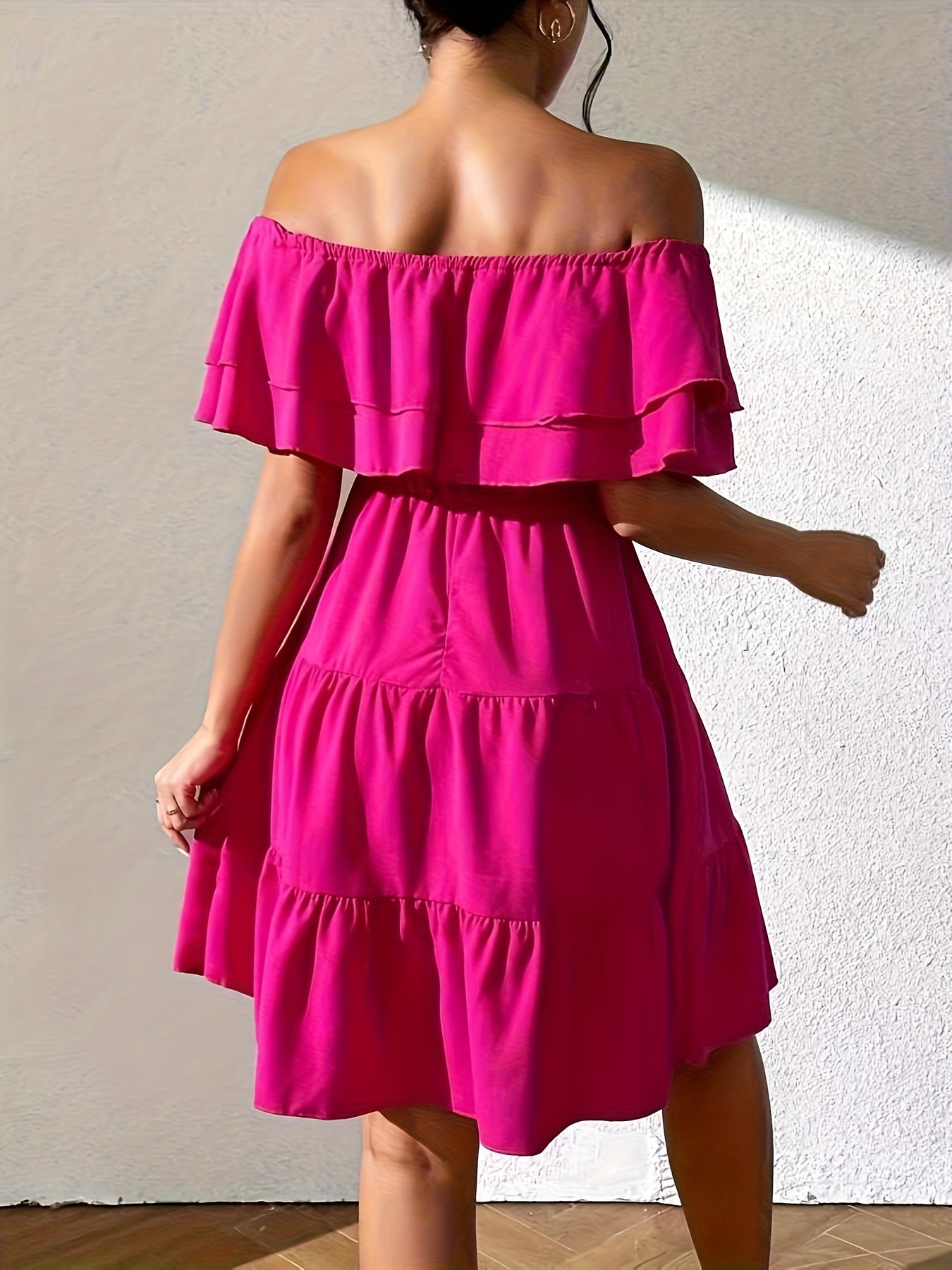 Solid Off Shoulder Dress, Elegant Tiered Ruffle Hem Dress, Women's Clothing