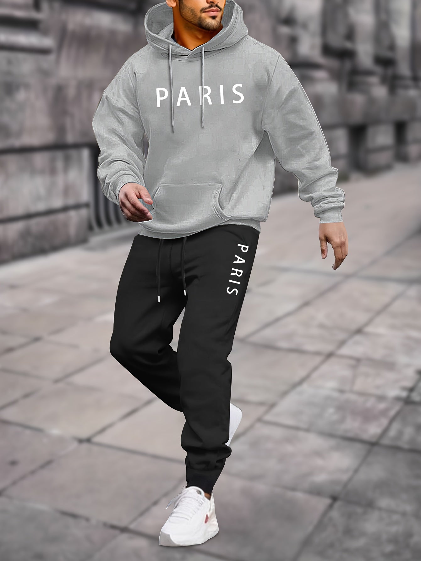 2pcs, Paris Print, Men's Hoodie And Joggers Set For Spring And Fall