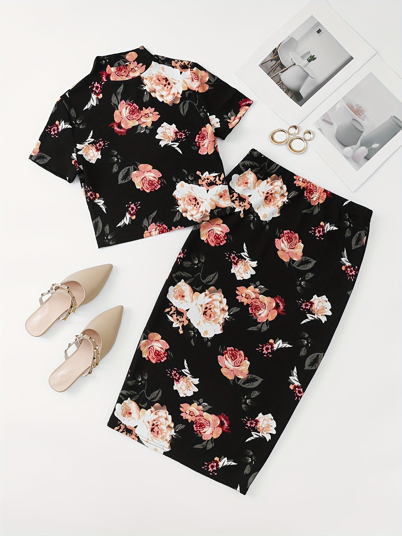 Floral Print Two-piece Set, Elegant Mock Short Sleeve Crop T-shirt & Bodycon Midi Skirt Outfits, Women's Clothing