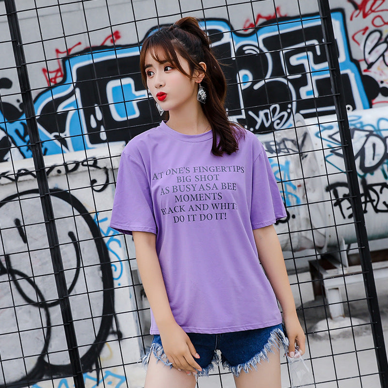 Veilla Korean version of purple upper female cotton T-shirt short sleeve round neck loose letter cotton solid color bottoming shirt