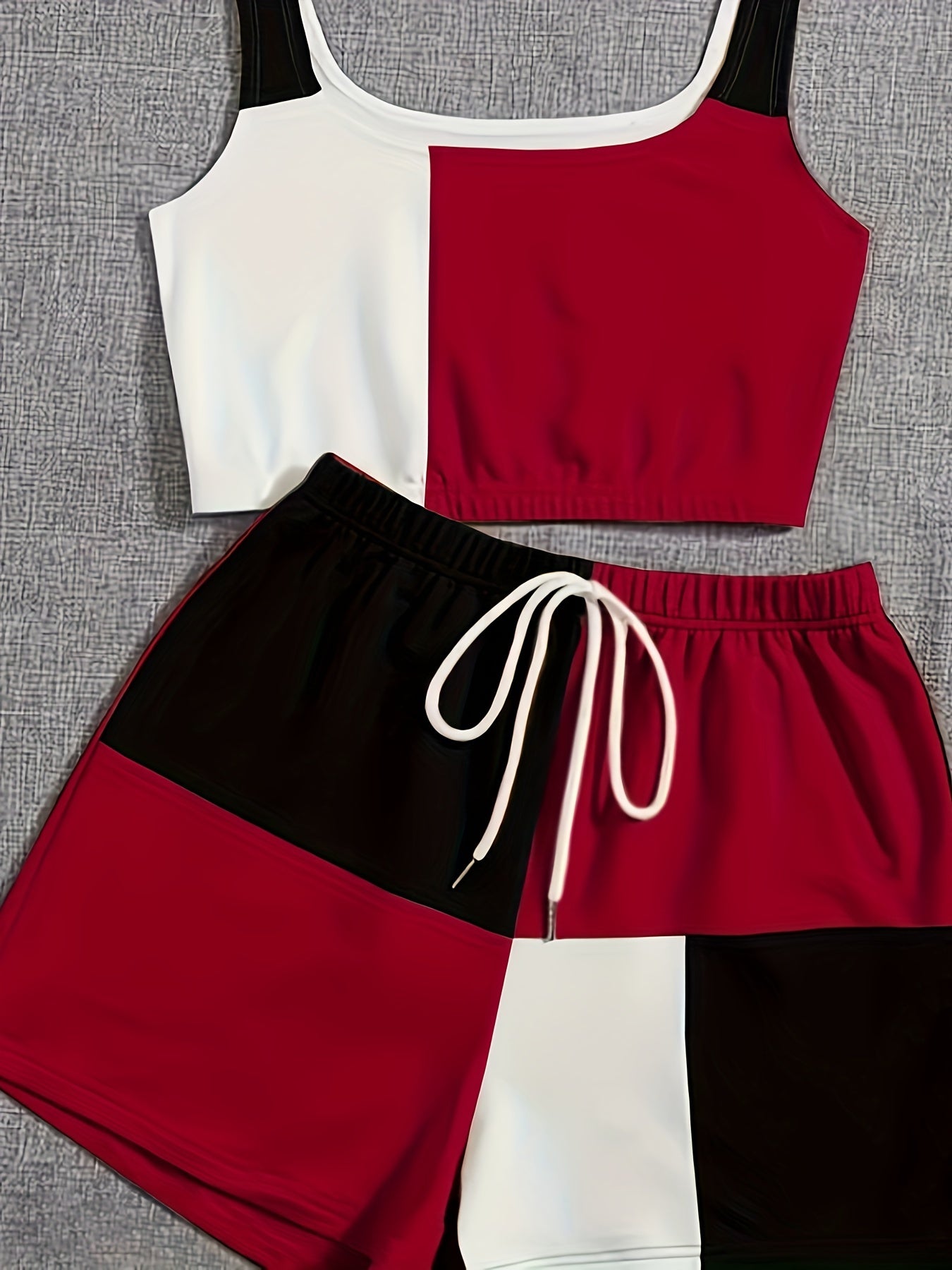 Color Block Casual Two-piece Set, Sleeveless Crop Tank Top & Elastic Waist Shorts Outfits, Women's Clothing