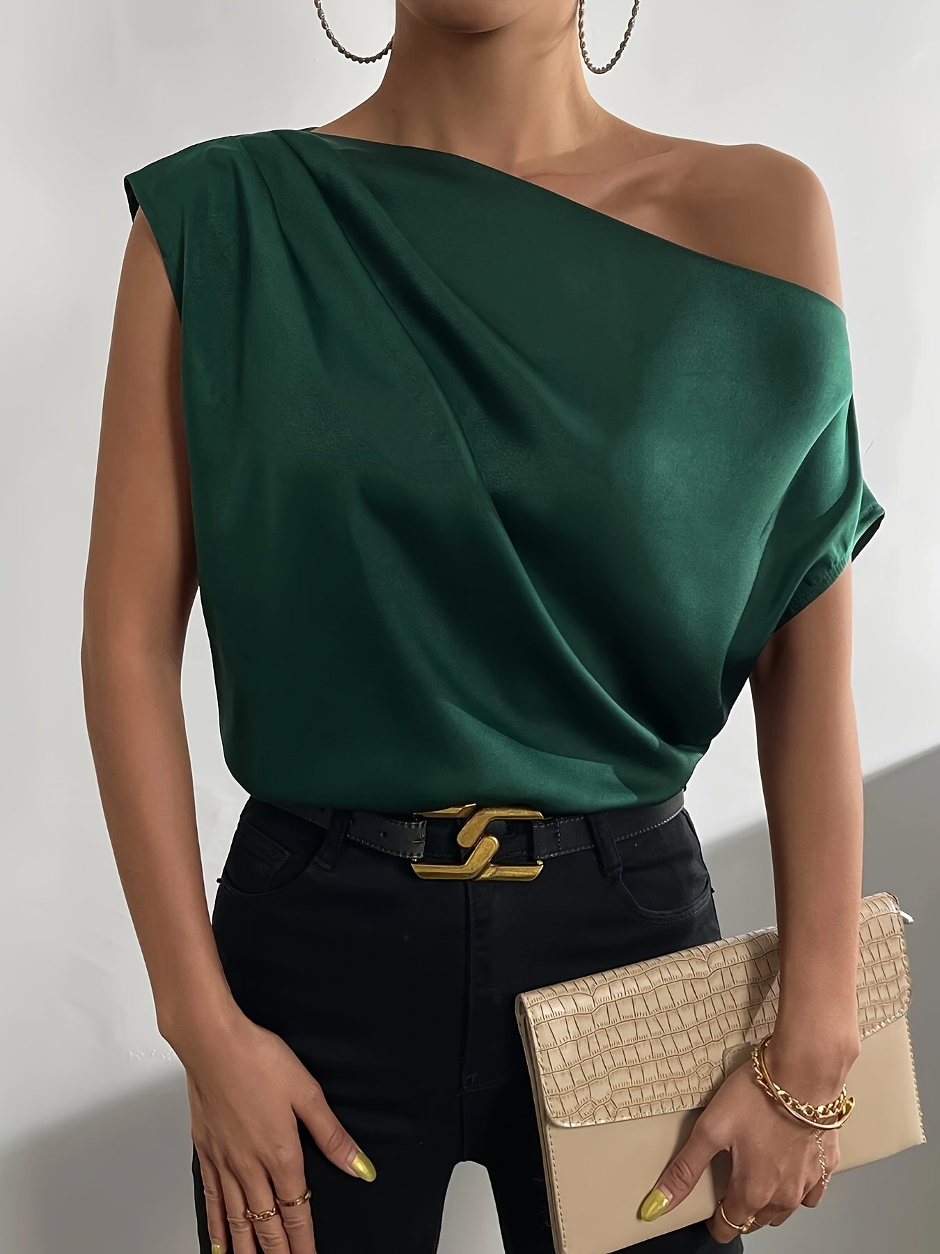 Solid Pleated Slant Shoulder Blouse, Elegant Blouse For Spring & Summer, Women's Clothing