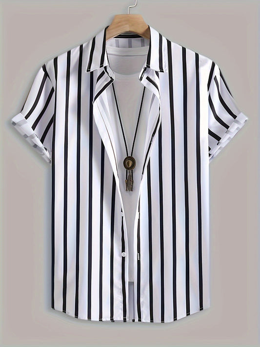 Men's Stylish Stripe Print Shirt, Casual Breathable Lapel Button Up Short Sleeve Shirt For Summer