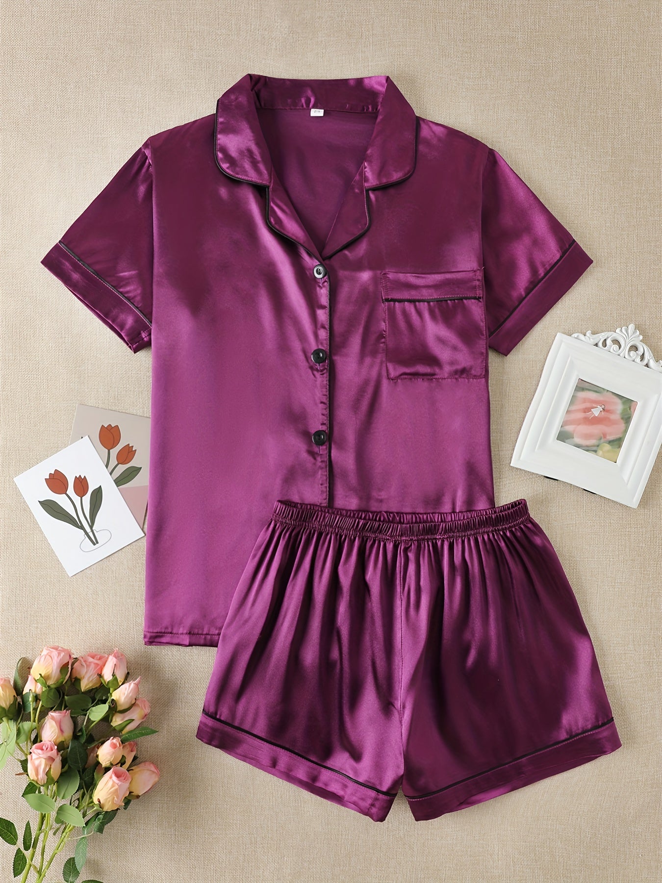 Simple Solid Satin Lounge Set, Short Sleeve Button Up Lapel Collar Top & Elastic Shorts, Women's Loungewear