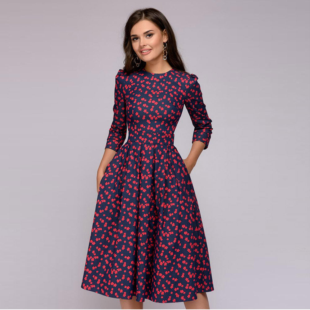 European and American autumn and winter women's A-line dress party retro small floral three-quarter sleeve round neck dress