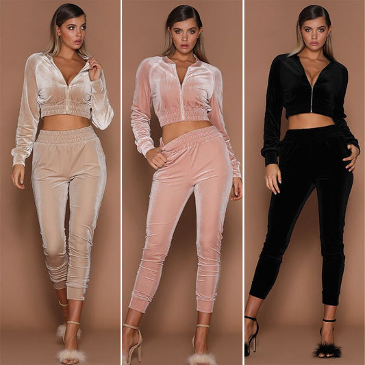 Cross-border sweater two-piece women's 2021 winter new style AliExpress sports trend suede casual suit women