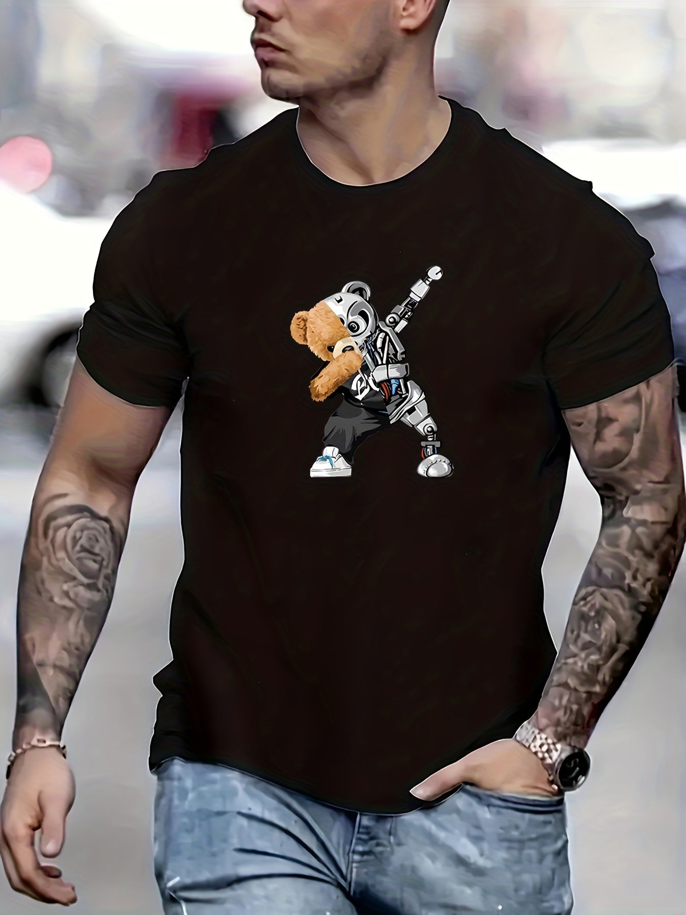 Robot Bear Pattern T-shirt, Men's Casual Street Style Stretch Round Neck Tee Shirt For Summer