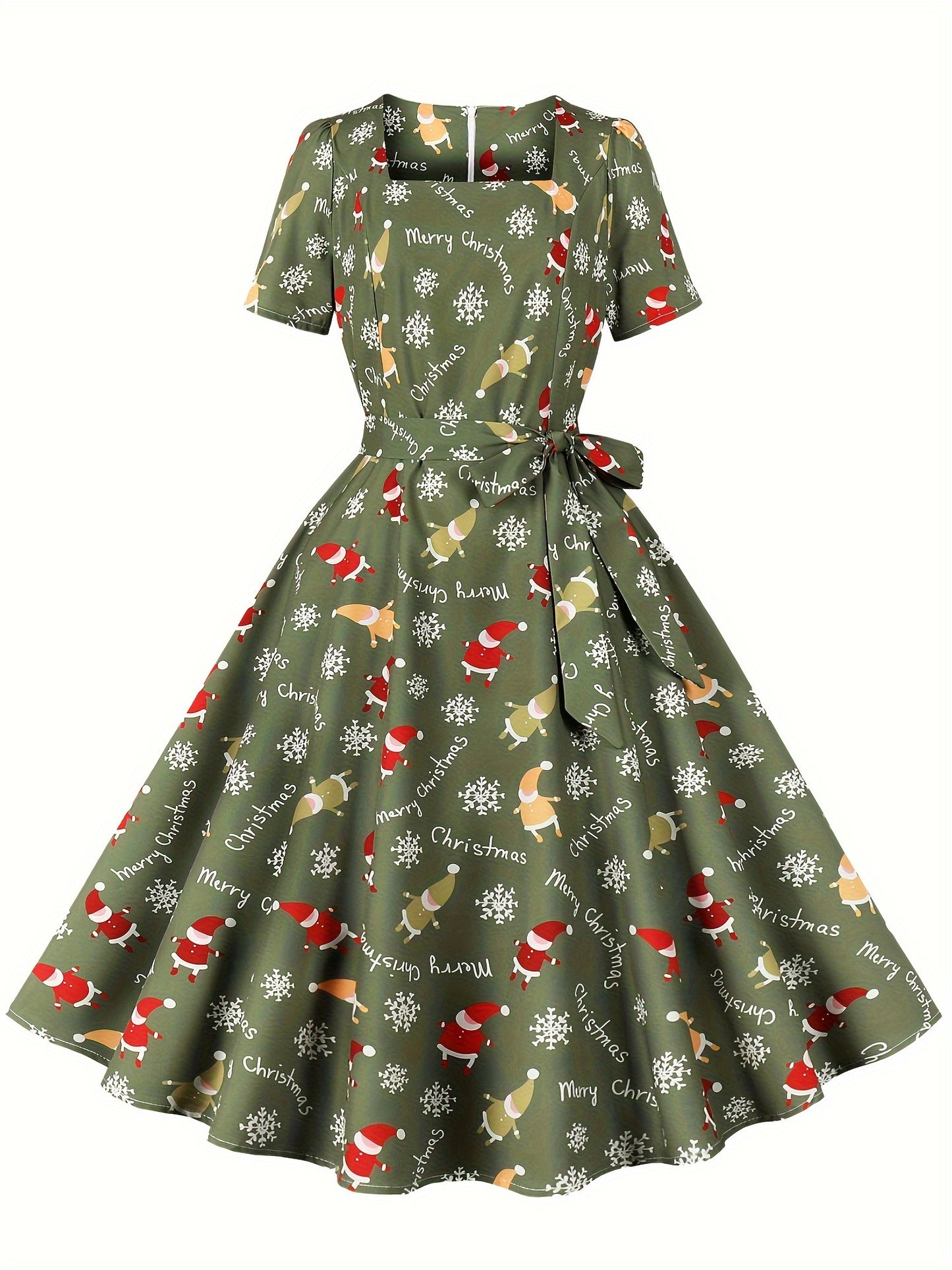 Christmas Santa Print A Line Dress, Casual Squared Neck Short Sleeve Party Dress, Women's Clothing