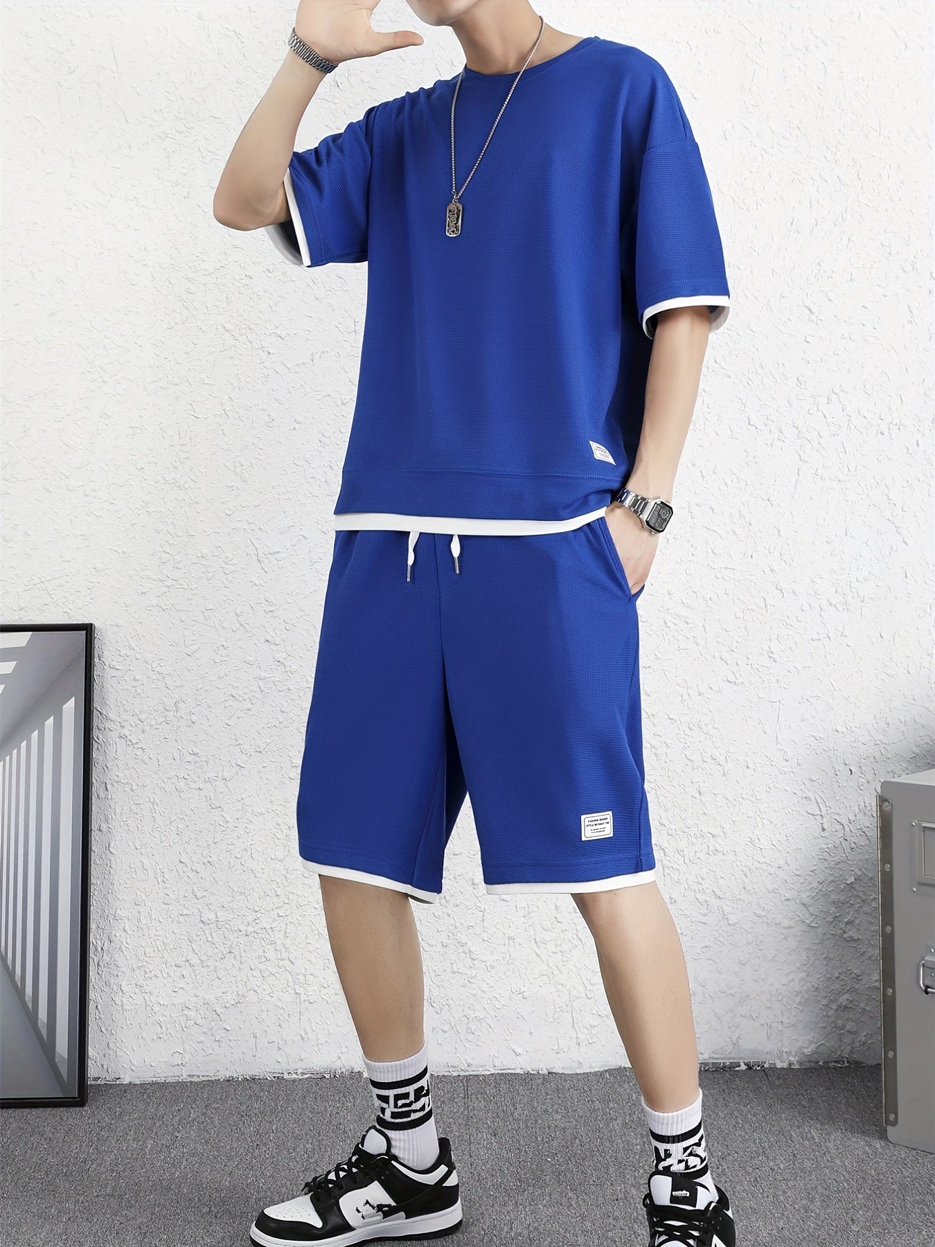 Men's 2 Piece Outfits, Solid Color, Faux Two-Piece Casual Graphic Crew Neck T-shirt And Loose Drawstring Shorts Set, Men’s Clothing