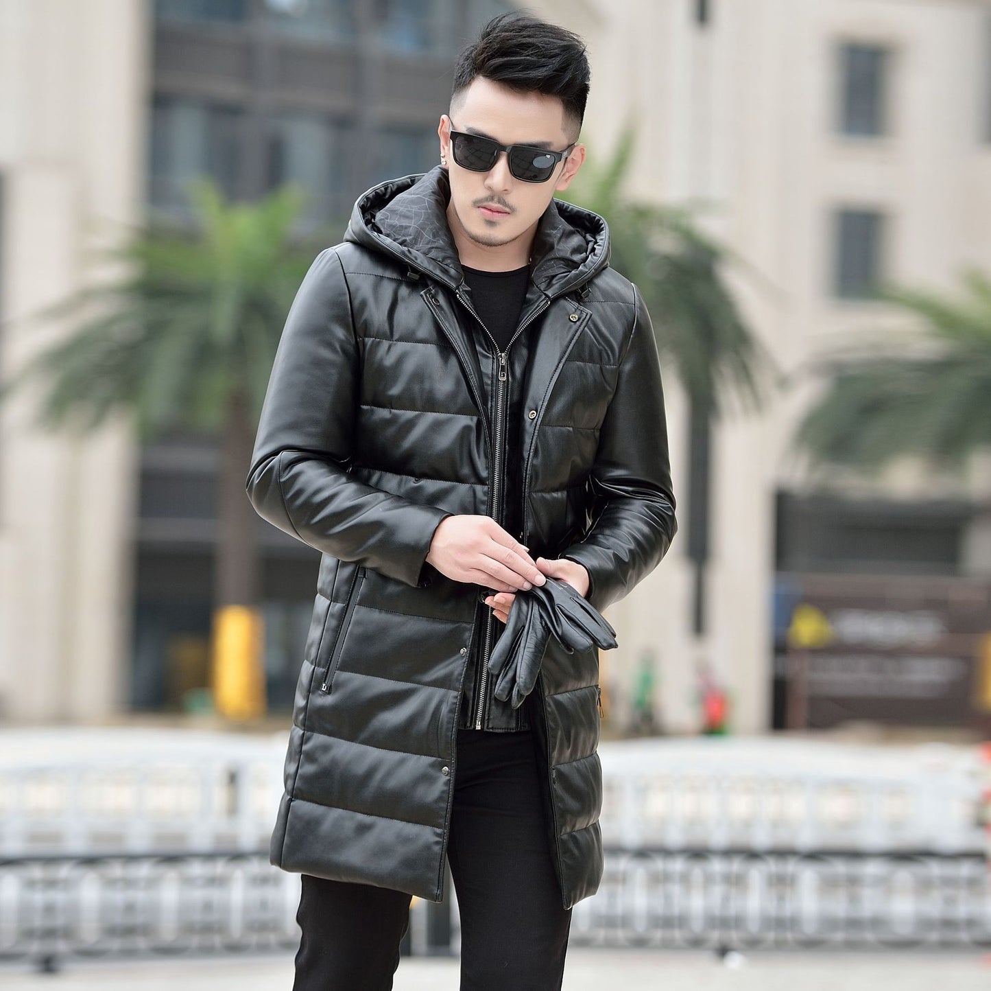 Winter new Haining leather down jacket men's long section detachable hooded slim Korean version of the skin coat casual jacket