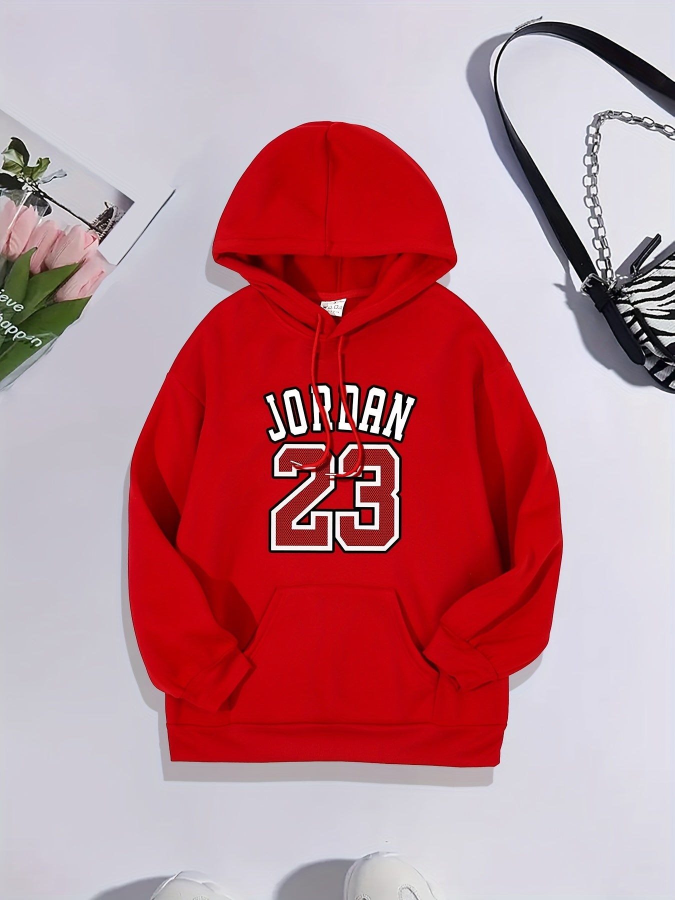 Letter & Number 23 Print Long Sleeve Drawstring Pullover Hoodie, Kangaroo Pocket Warm Casual Sports Hooded Sweatshirt, Women's Clothing