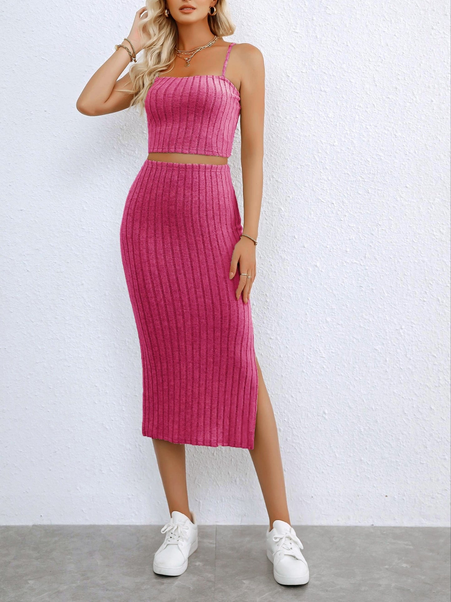 Ribbed Knit Two-piece Skirt Set, Crop Cami Top & Split Hem Skirt Outfits, Women's Clothing