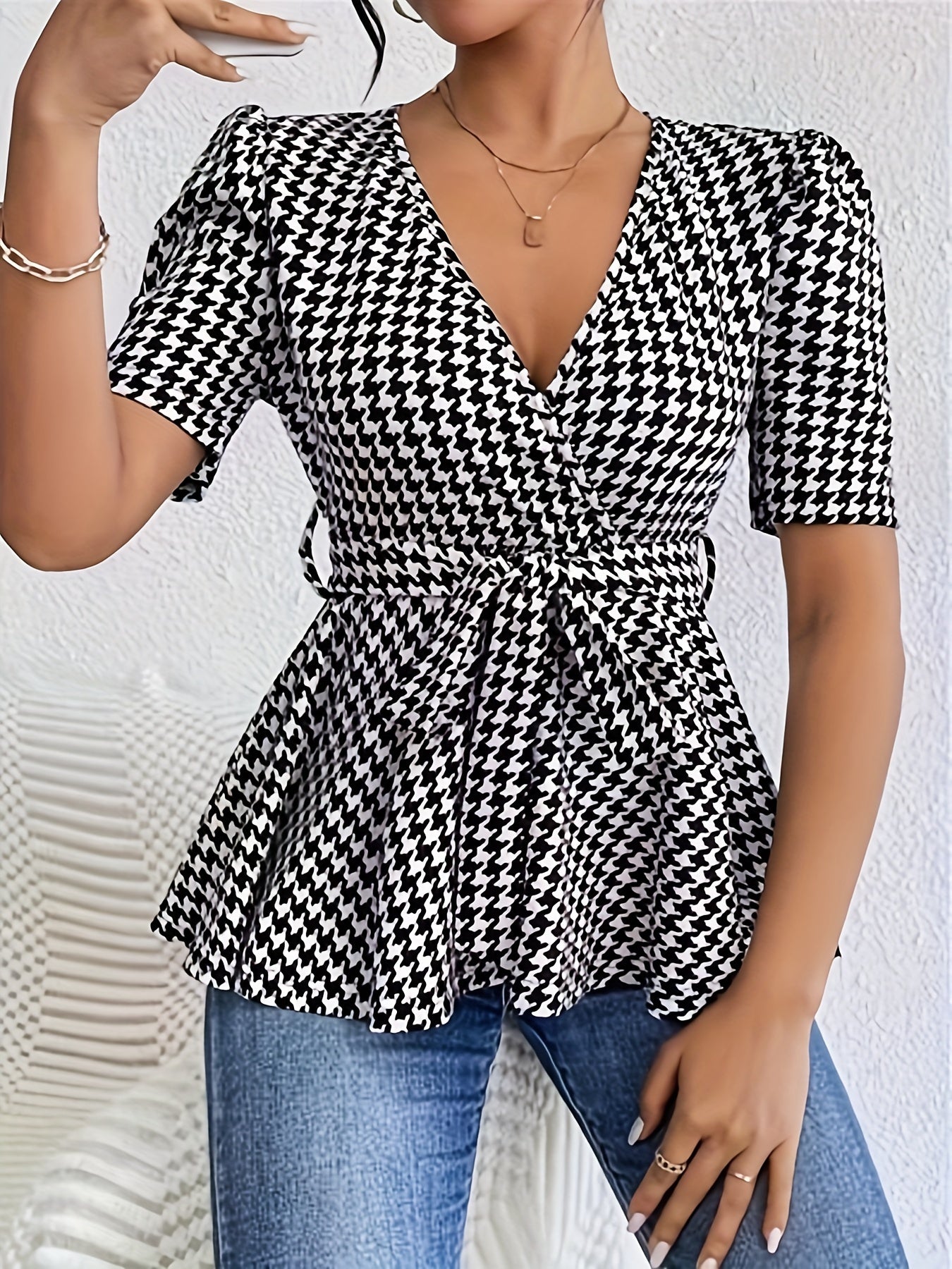 Houndstooth Print Surplice Neck Top, Elegant Short Sleeve Tie Waist Top For Spring & Summer, Women's Clothing