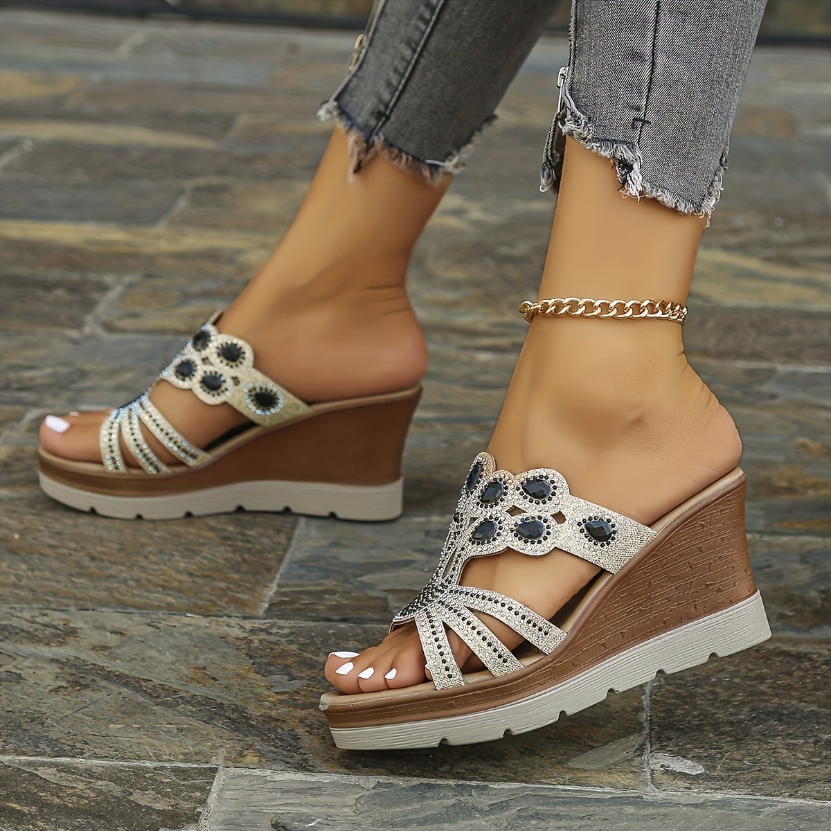 Women's Rhinestone Decor Wedge Heeled Sandals, Casual Open Toe Platform Sandals, Comfortable Slip On Sandals