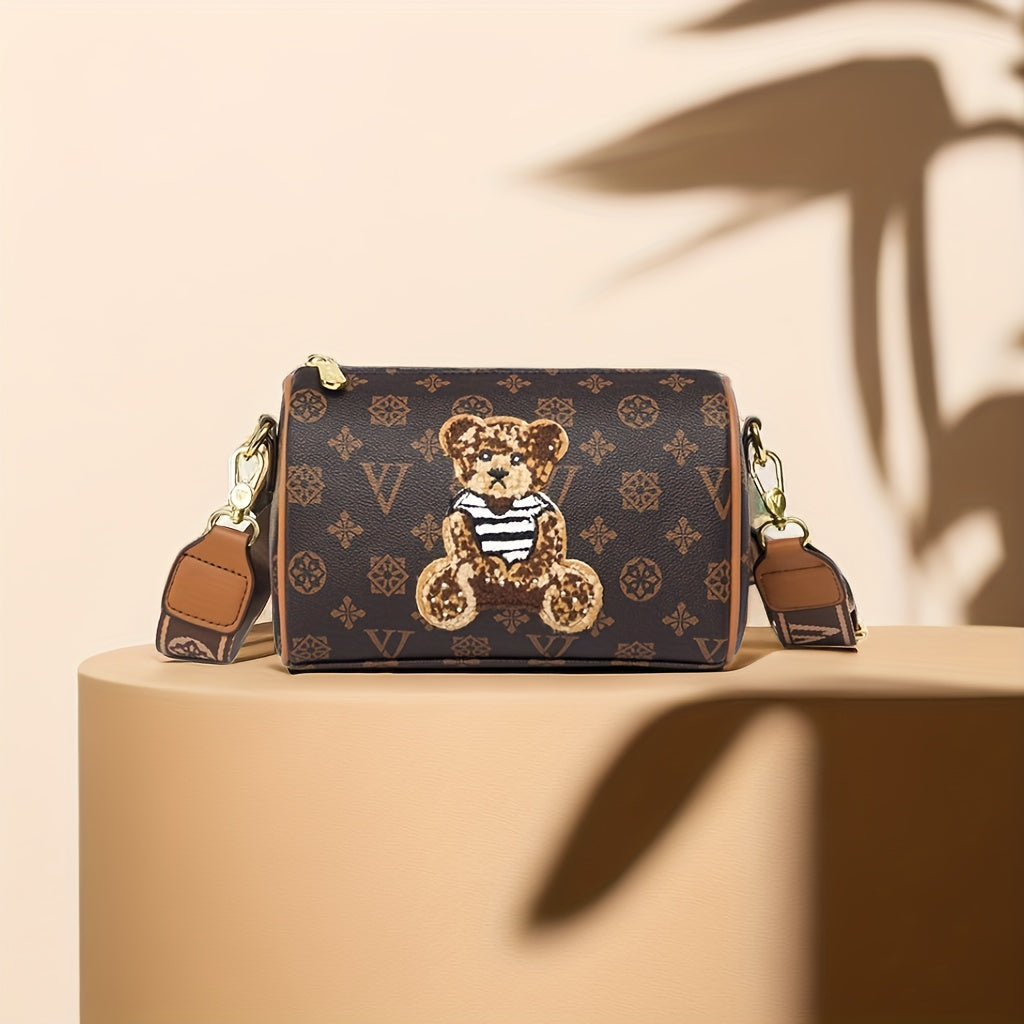 Cute Little Bear Crossbody Bag, Retro Printed Shoulder Bag, Women's Mini Zipper Purse For Every Day
