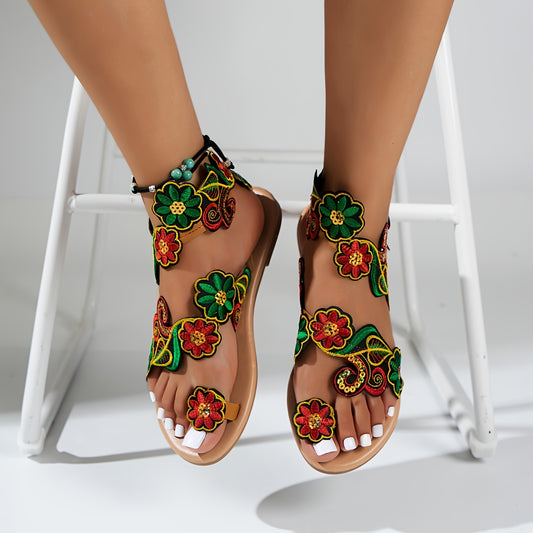 Women's Flower Pattern Flat Shoes, Casual Loop Toe Summer Shoes, Lightweight Slip On Sandals