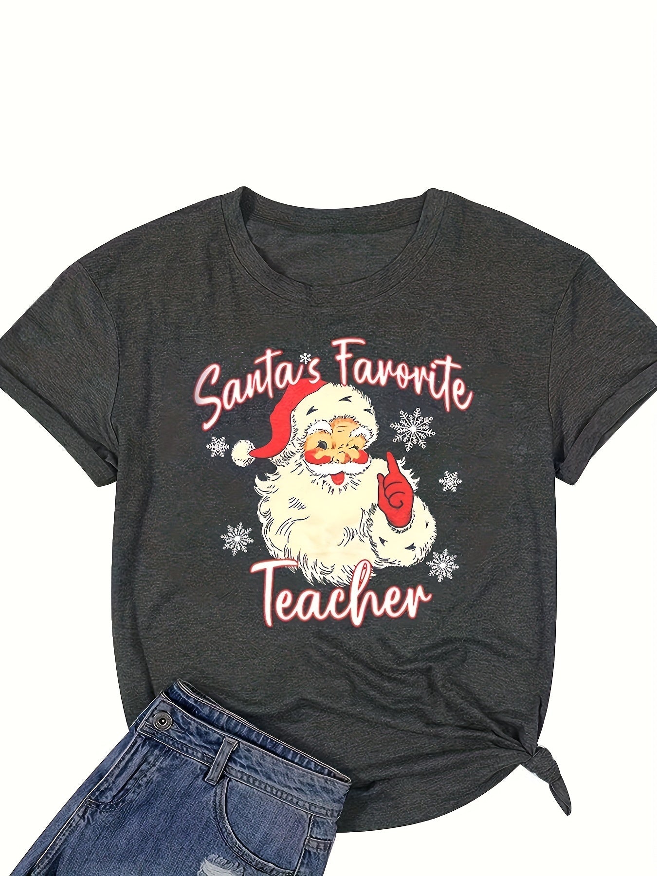 Christmas Santa Claus Print T-shirt, Casual Short Sleeve Crew Neck Top For Spring & Summer, Women's Clothing