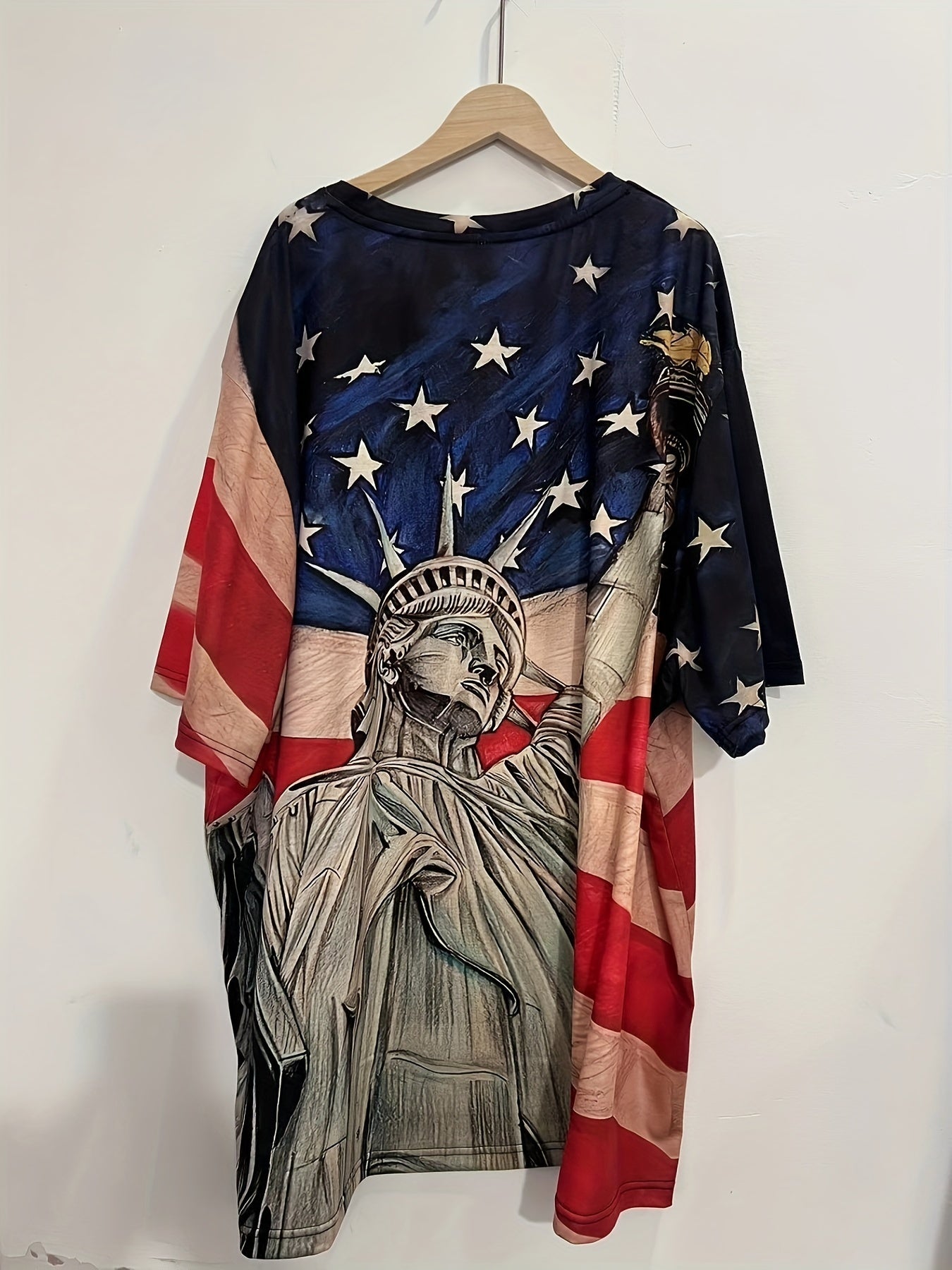 Plus Size Men's Statue Of Liberty & US Flag Print T-shirt Short Sleeve Tees, Summer, Men's Clothing