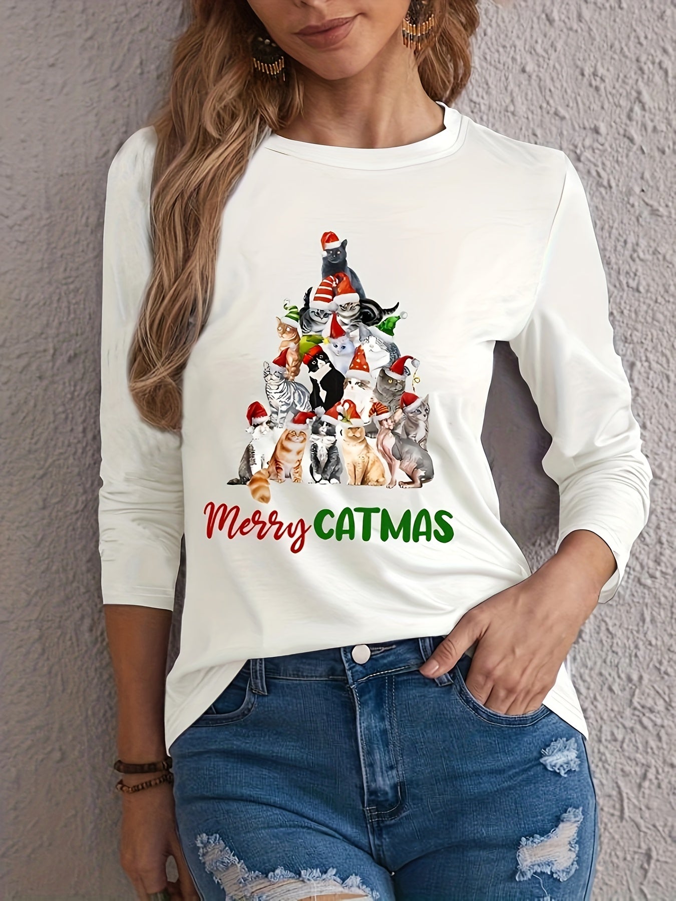 Christmas Cute Cat Print T-shirt, Casual Long Sleeve Crew Neck Top, Women's Clothing