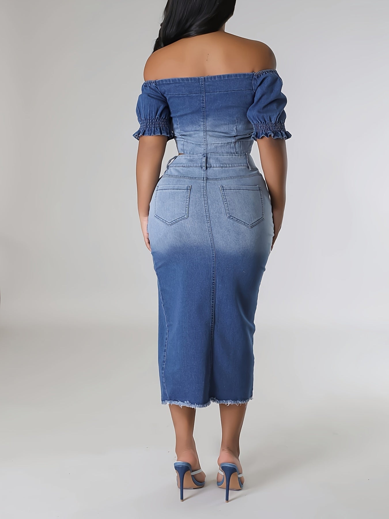 Ombre Washed Side Split Raw Hem Denim Skirt, Medium Stretch High Rise Hot Midi Denim Skirt Without Top, Women's Denim Jeans & Clothing