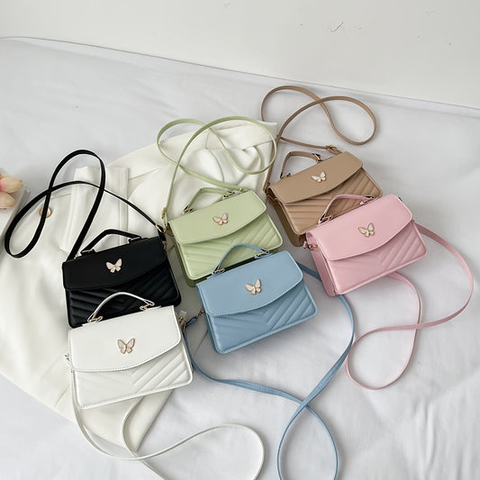 Butterfly Decor Crossbody Bag, Trendy Chain Handbag, Women's Solid Color Shoulder Bag & Square Purse