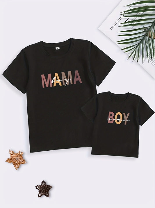 Stylish Matching Mom & Kids T-shirts - MAMA BOY Letter Print Short Sleeve Tops for Summer Fun