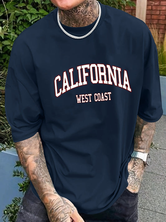 California Graphic Print Men's Creative Top, Casual Short Sleeve Crew Neck T-shirt, Men's Clothing For Summer Outdoor