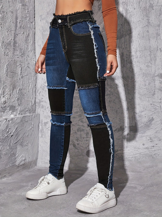 Jeans Skinny Con Orlo Grezzo A Blocchi Di Colore, Tasche A Taglio Slim Fit Pantaloni Casual In Denim Patchwork Ad Alta Elasticità, Jeans E Abbigliamento In Denim Da Donna