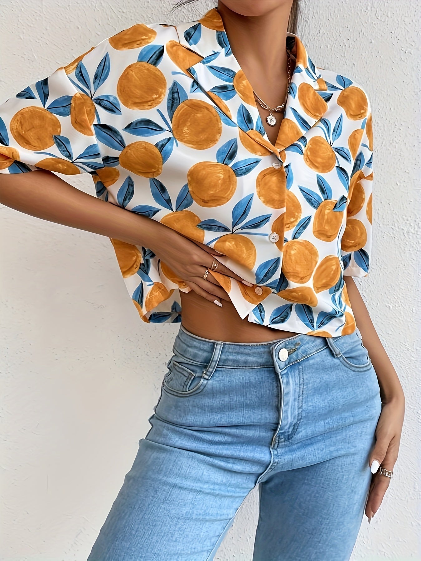 Fruit Print Button Crop Blouse, Casual Short Sleeve Blouse For Spring & Summer, Women's Clothing