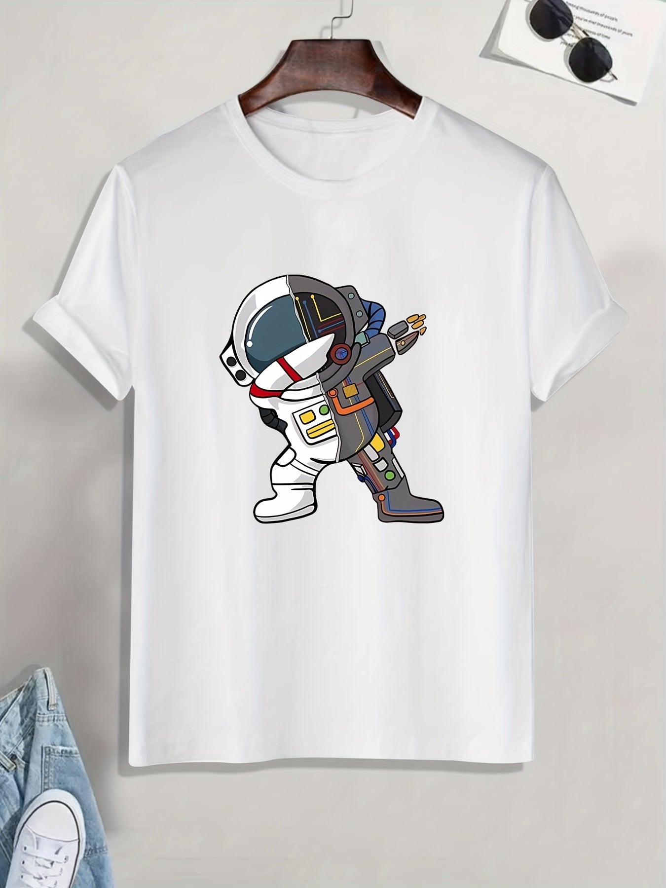 Astronaut In Victory Pose Print T Shirt, Tees For Men, Casual Short Sleeve Tshirt For Summer Spring Fall, Tops As Gifts