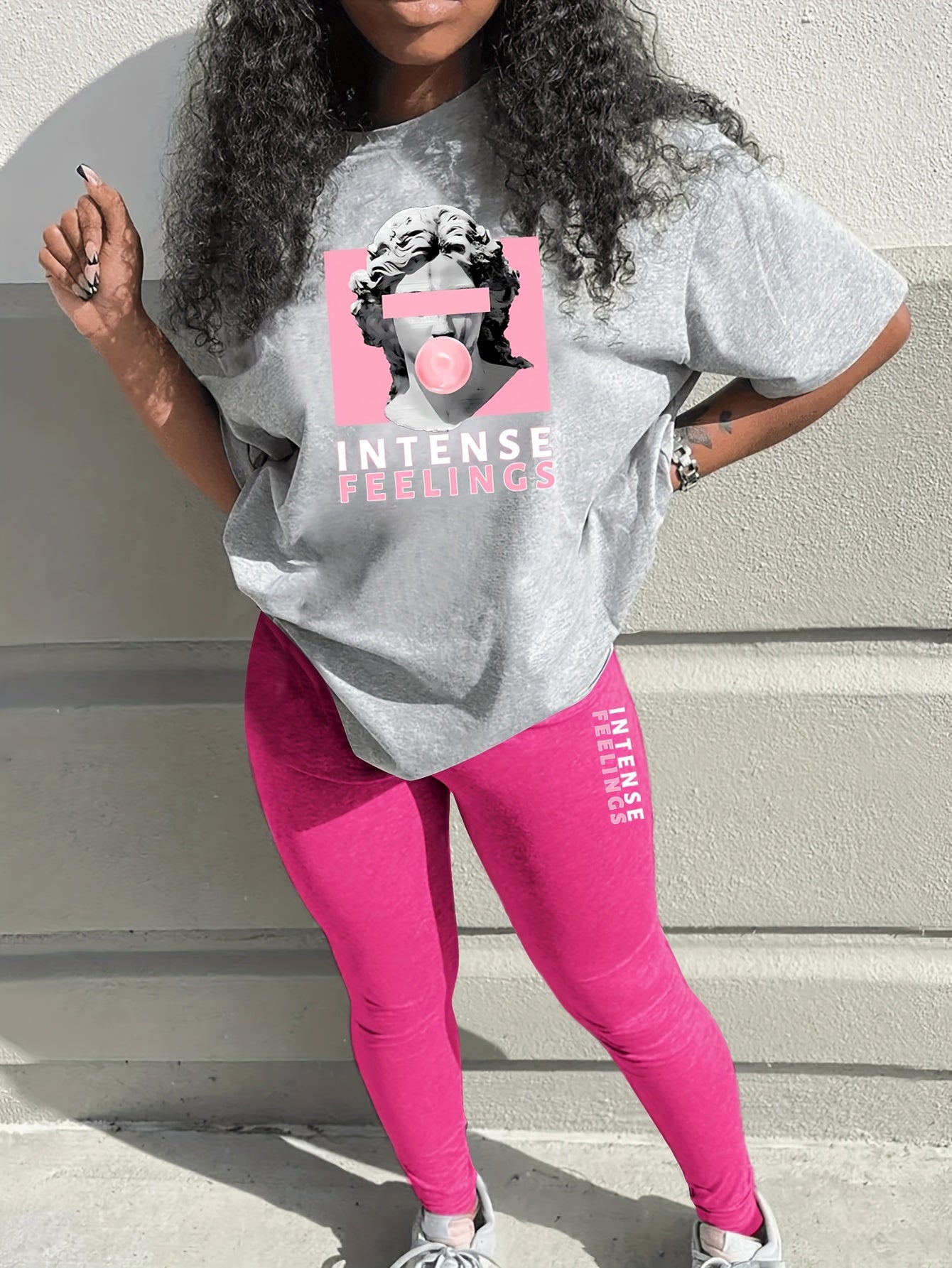 Figure Print Two Piece Set, Short Sleeves T-shirt & Leggings, Women's Clothing