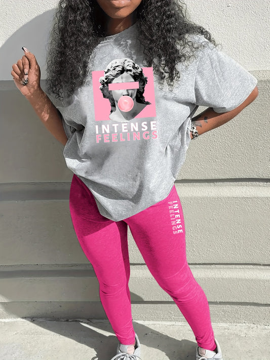 Figure Print Two Piece Set, Short Sleeves T-shirt & Leggings, Women's Clothing