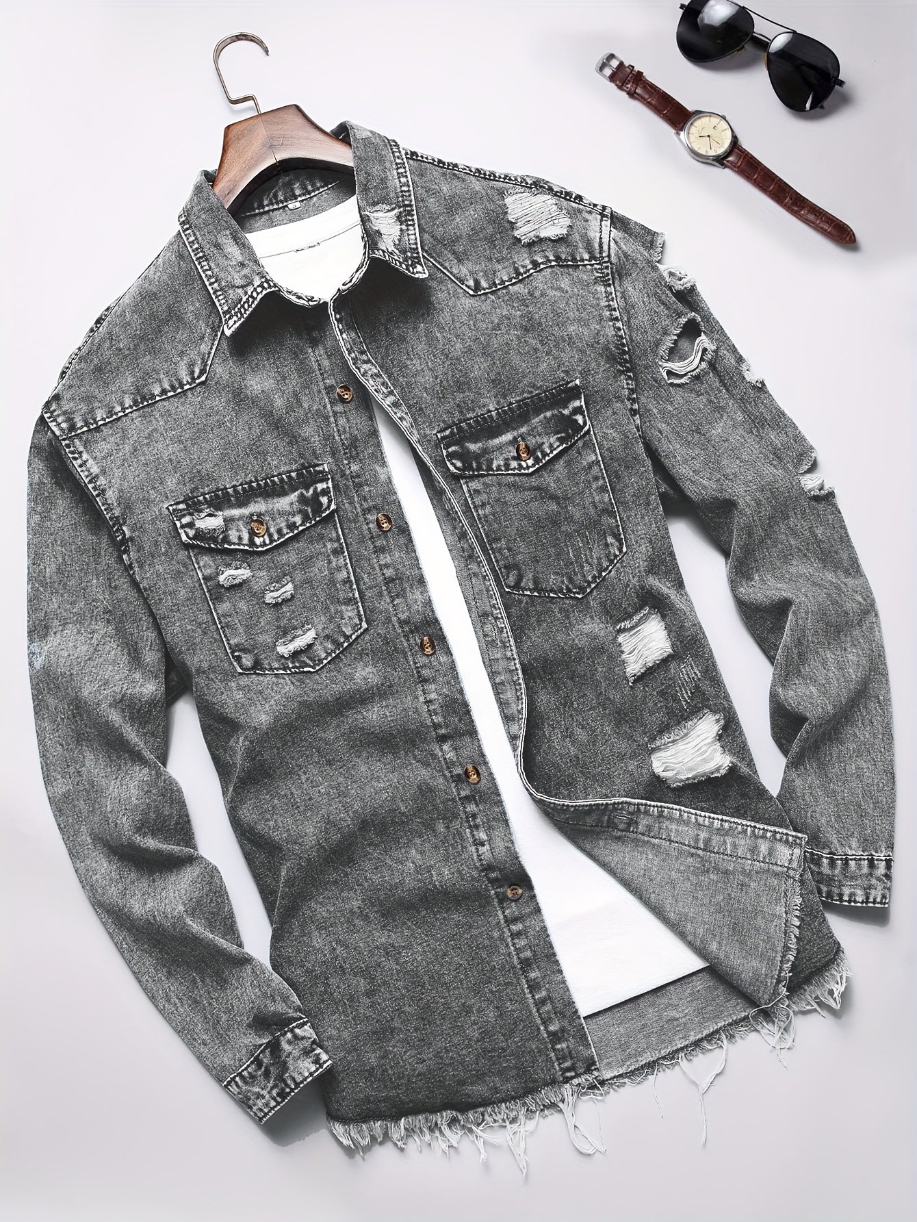 Men's Trendy Ripped Design Casual Button Up Long Sleeve Denim Shirt, Men's Clothes For Spring Summer Autumn, Tops For Men