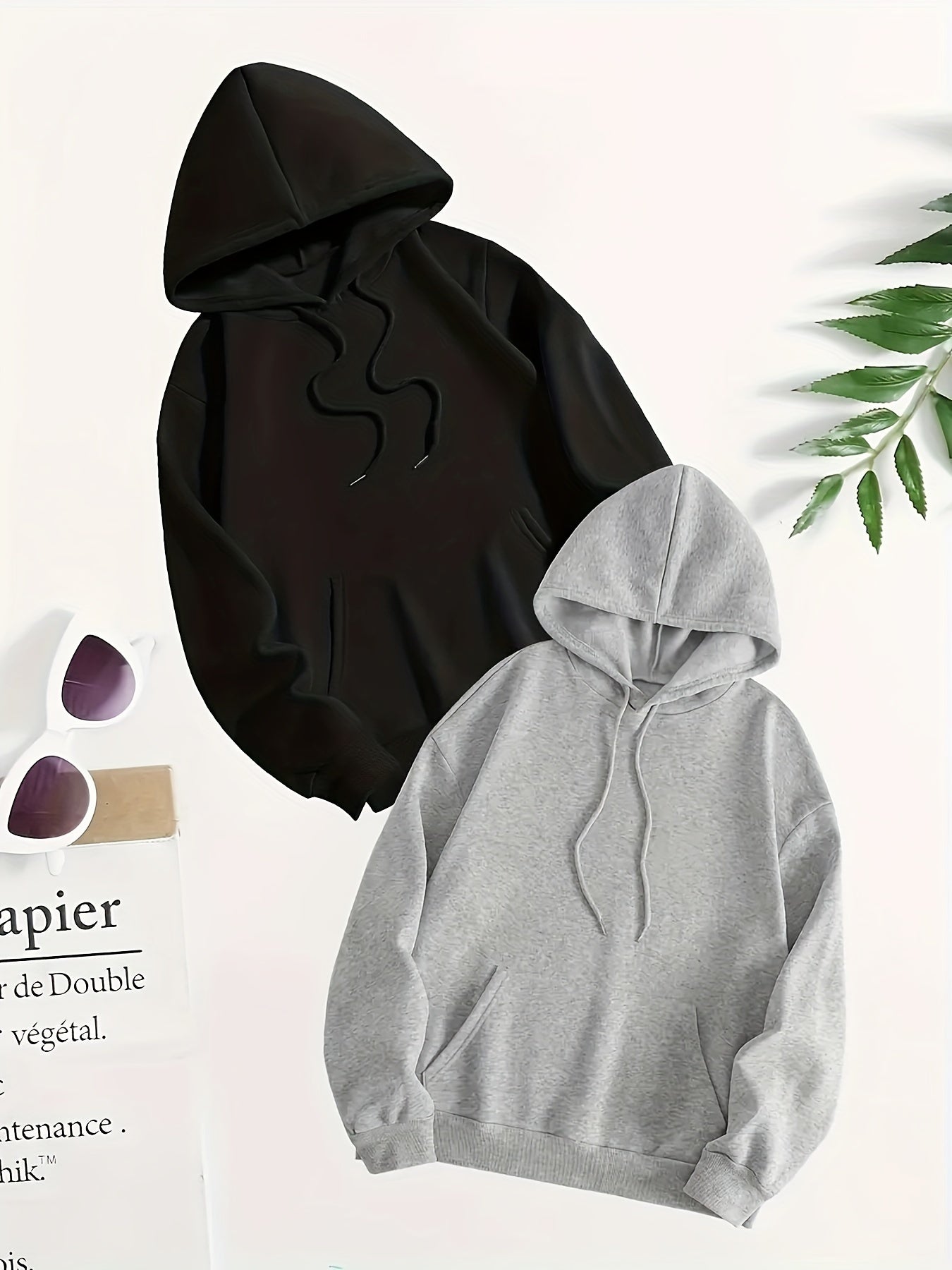 2Pcs Solid Color Drawstring Hooded Sweatshirts, Long Sleeves Kangaroo Pockets Sports Hoodies, Women's Activewear