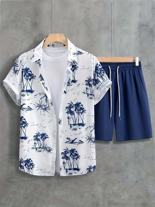 Coconut Trees, Men's 2pcs, Short Sleeve Graphic Print Button Up Shirt And Drawstring Shorts Set