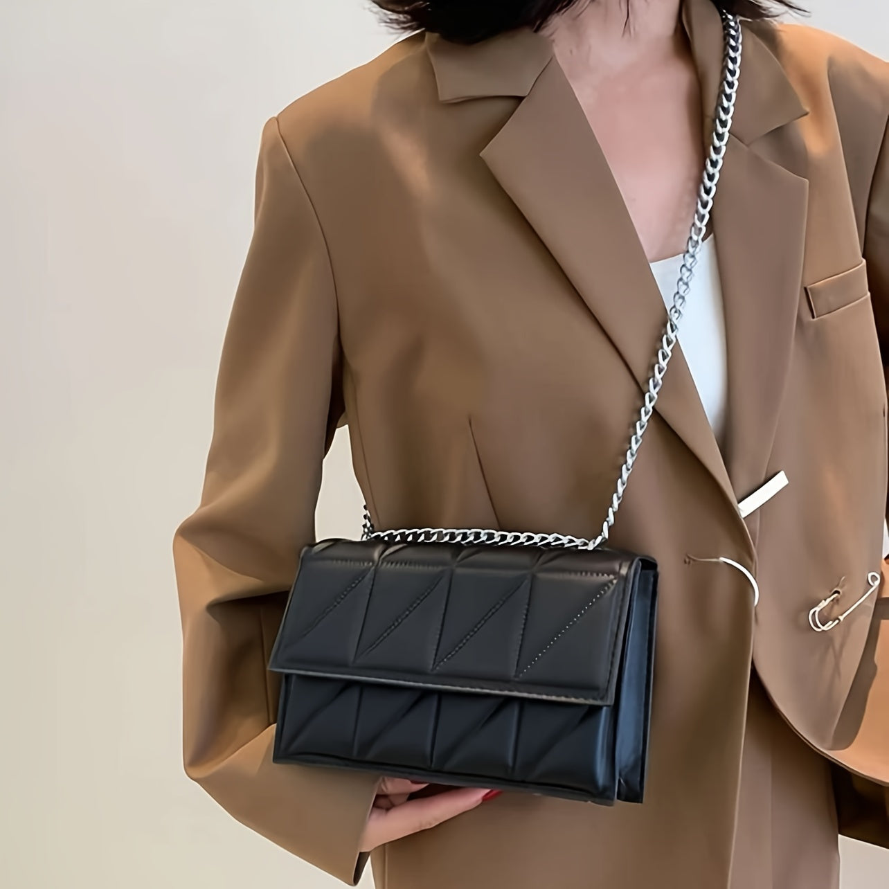Quilted Crossbody Bag For Women, Fashion Chain Shoulder Bag, Minimalist Square Handbag & Purse