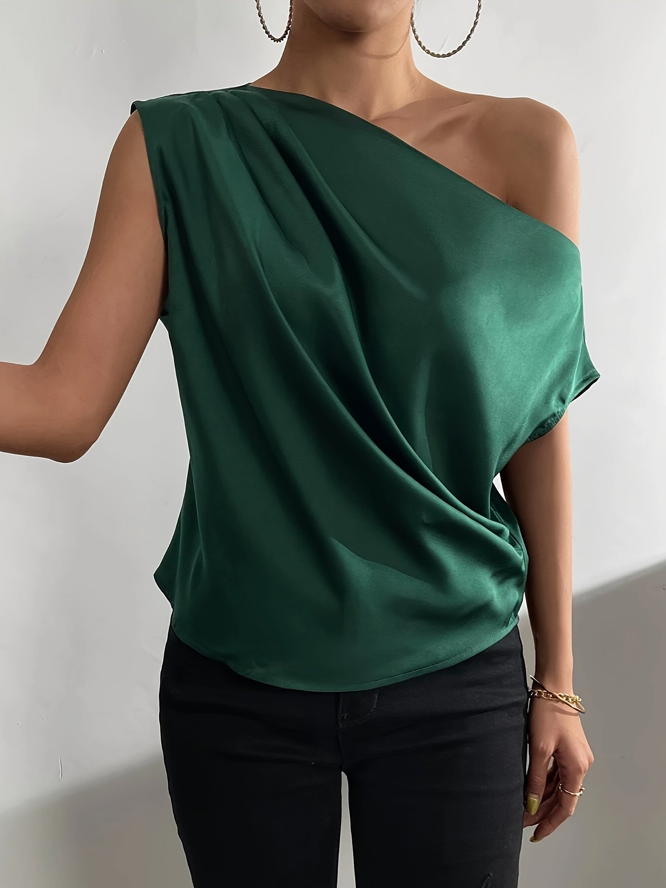 Solid Pleated Slant Shoulder Blouse, Elegant Blouse For Spring & Summer, Women's Clothing