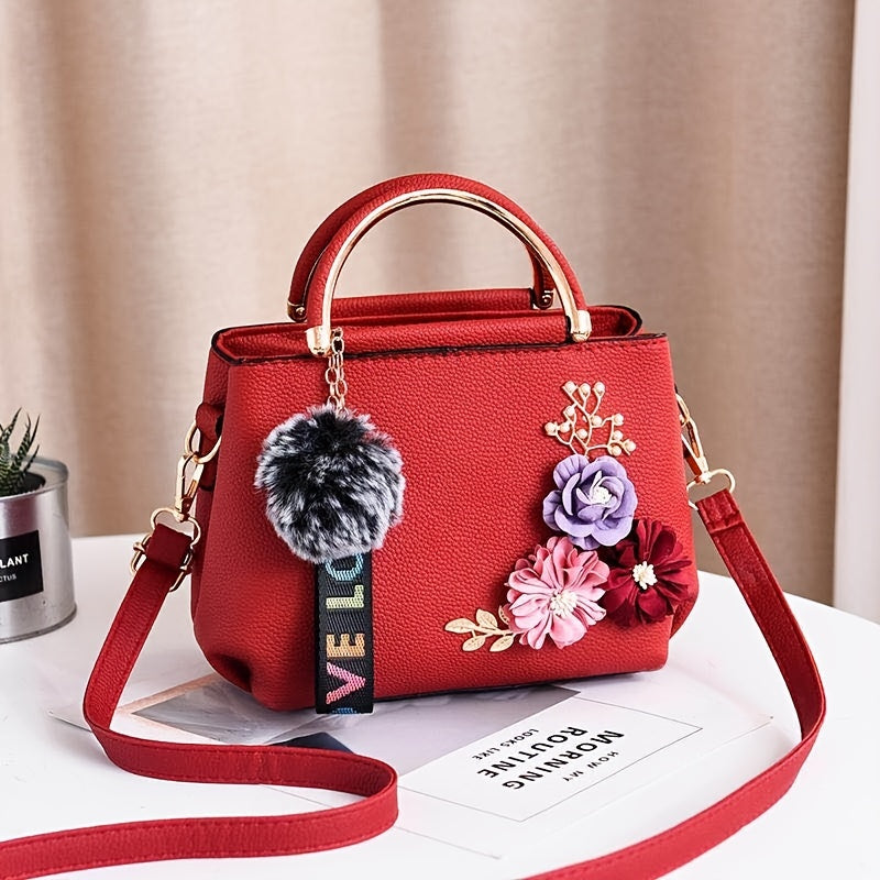 3D Flower Decor Handbag, Women's PU Leather Crossbody Bag, Small Top Handle Purse