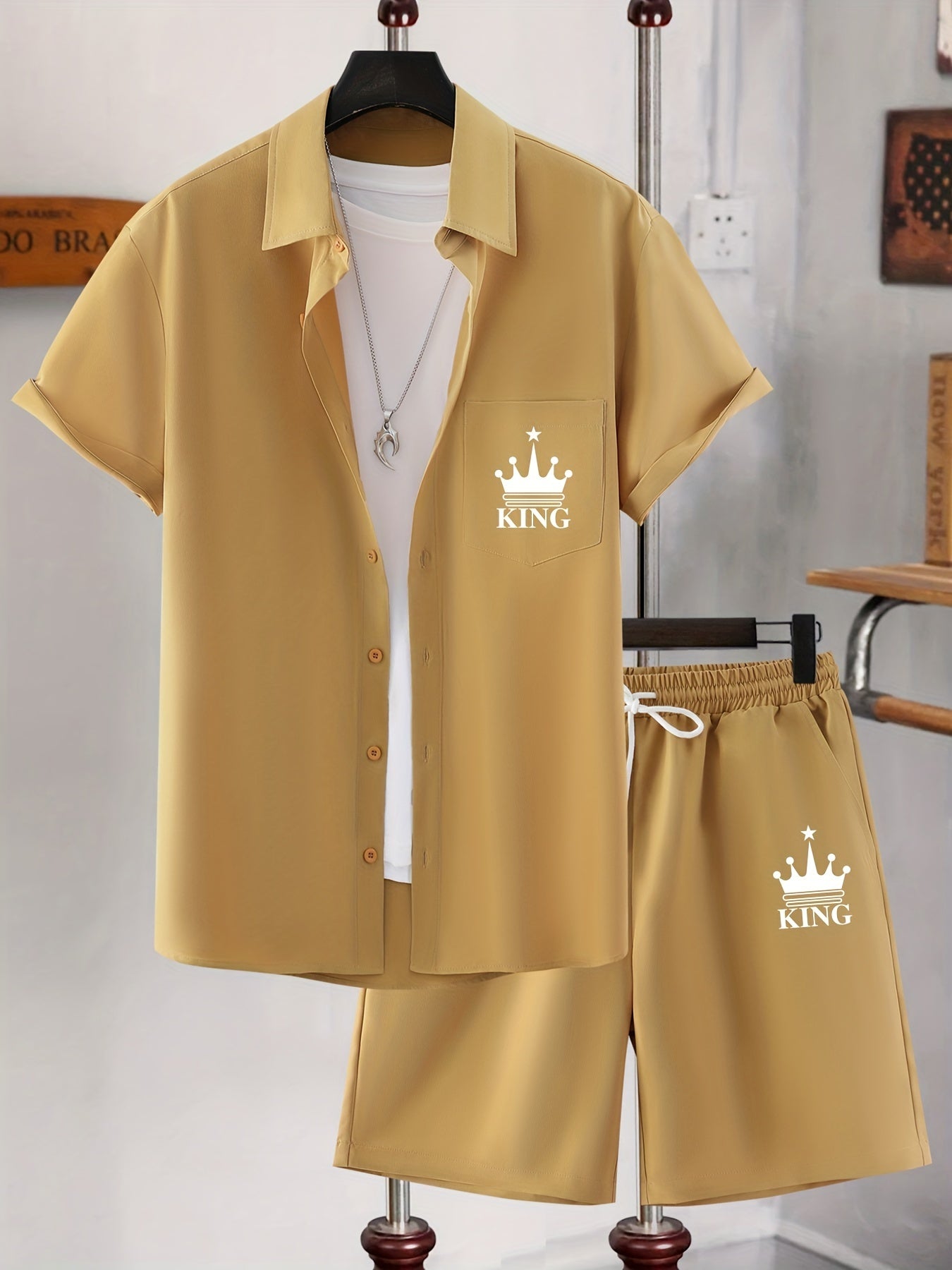 ''KING'' Crown Print Men's 2Pcs, Button Up Shirt And Drawstring Shorts Set For Summer