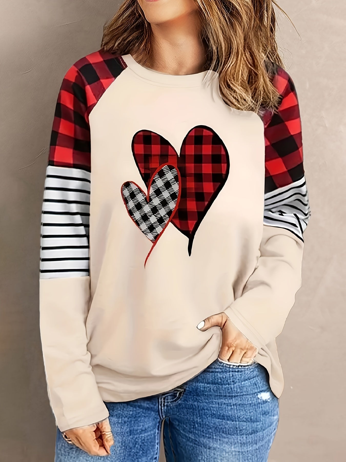 Felpa con stampa a cuori di Stripe & Plaid, felpa casual a maniche lunghe per primavera e autunno, abbigliamento da donna, San Valentino